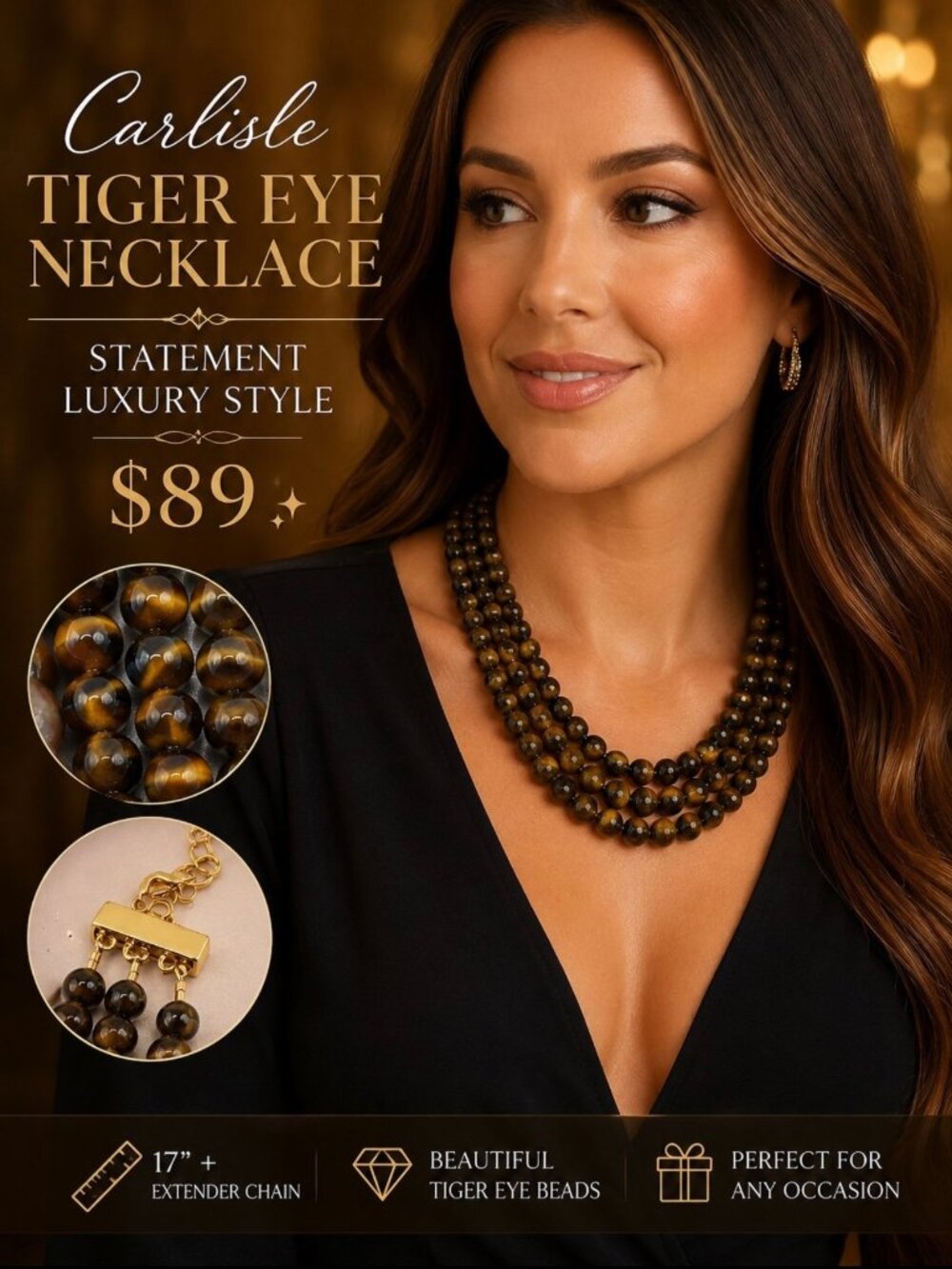 Carlisle Tiger Eye Multi Strand Statement Necklace 17” Gold Tone